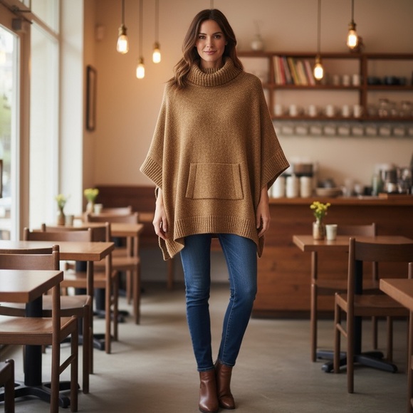 J.Crew Women’s L/XL Wool Blend Turtleneck Poncho Tan NWT Cozy Relaxed Fit - Picture 11 of 11